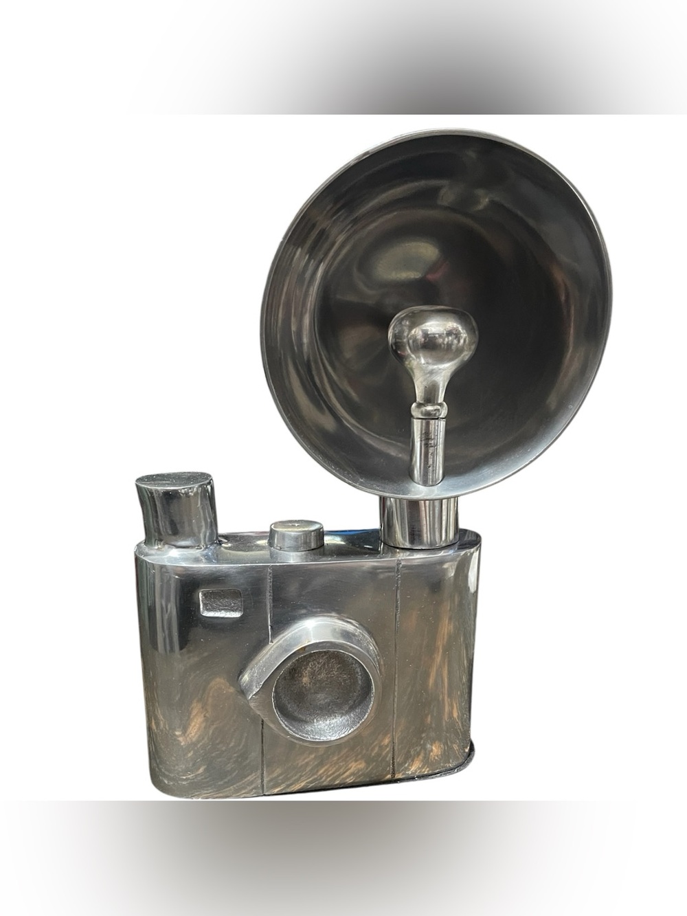 Vintage Style Silver Aluminum Camera Sculpture with Flash Bulb -Retro Home Decor